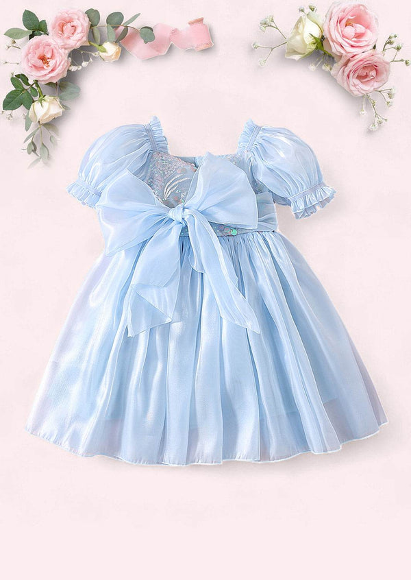 Blue Puff Sleeve Toddler Girl Birthday Dress | Sparkly Sequin Party Dress