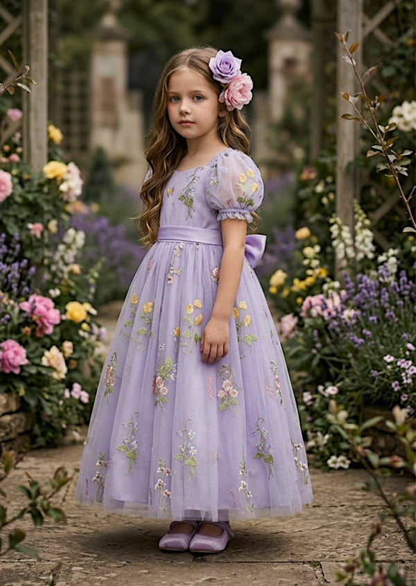 Lavender Puff Sleeve Floral Tulle Flower Girl Dress  Hannah Rose Dresses