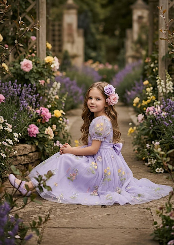Lavender Puff Sleeve Floral Tulle Flower Girl Dress  Hannah Rose Dresses