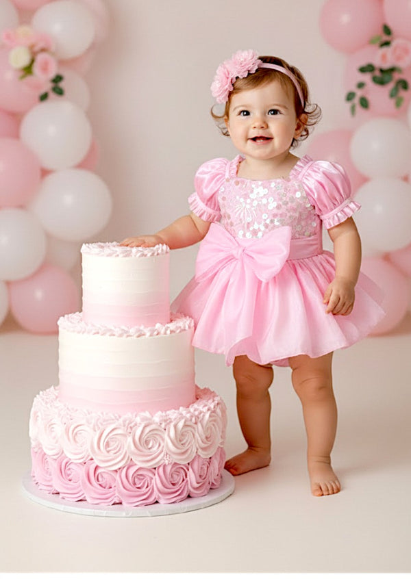 Pink Sequin Baby Romper  Luxury First Birthday Outfit