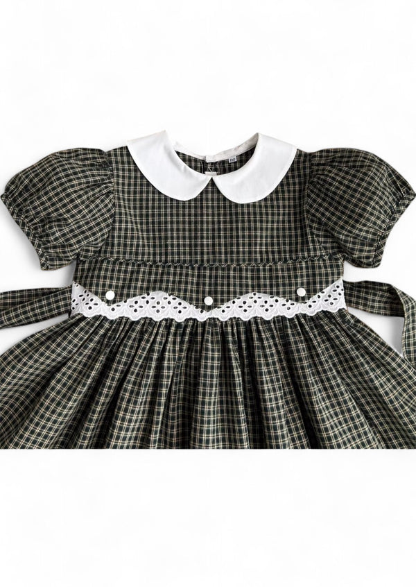 Black Plaid Puff Sleeve Eyelet Insert Dress