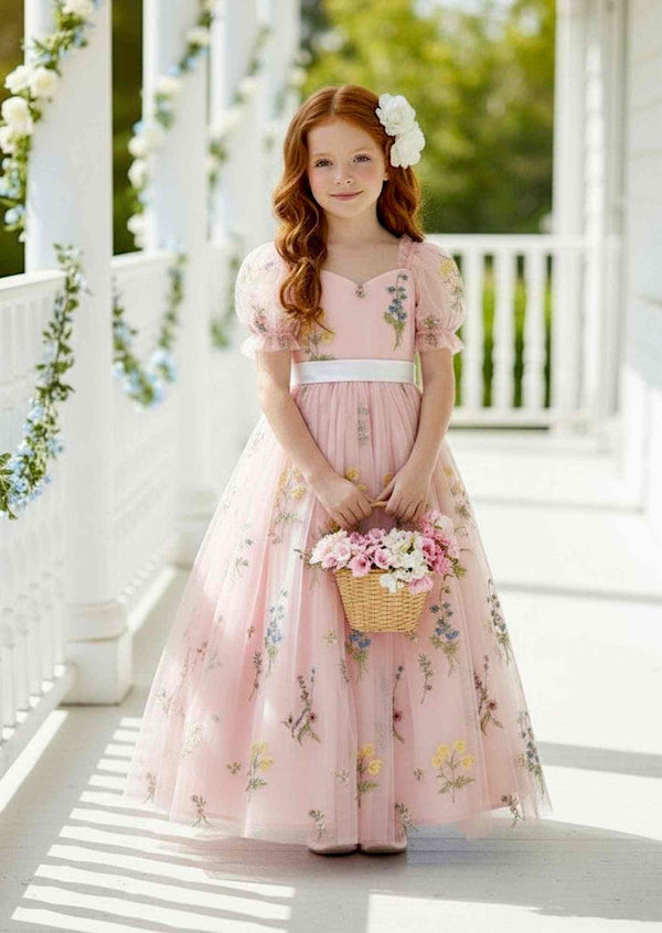Zinnia Pink Puff Sleeve floral flower girl dress with embroidered tulle, sweetheart neckline, and airy tulle skirt