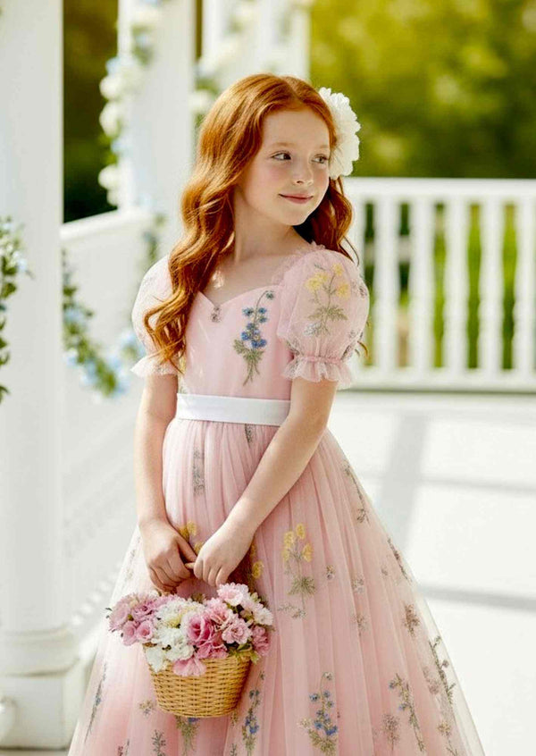puff sleeve floral flower girl dress in pink for toddlers