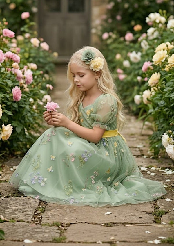 Puff Sleeve Embroidered Floral Tulle Flower Girl Dress in Sage