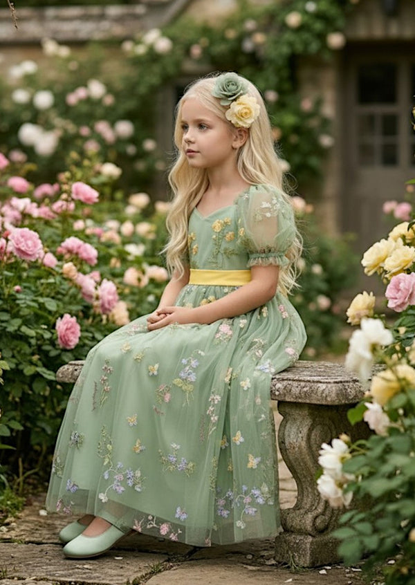Puff Sleeve Embroidered Floral Tulle Flower Girl Dress in Sage
