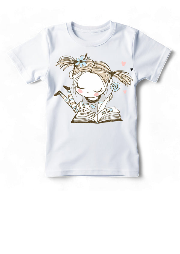 My Favorite Book White Cotton Tee or Crew Neck in Blue