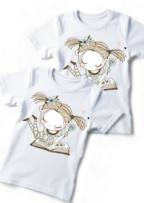 My Favorite Book White Cotton Tee or Crew Neck in Blue