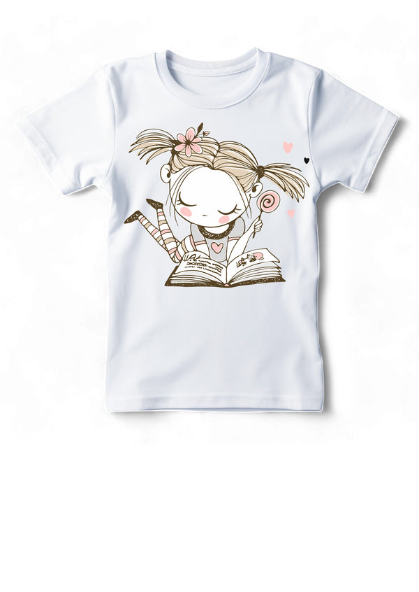 Girls White Cotton Tee with Storybook Illustration