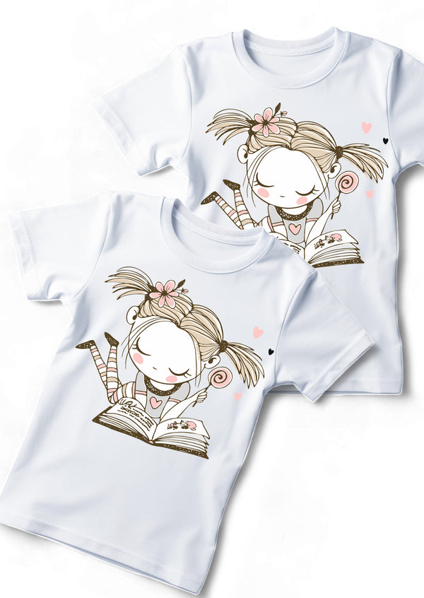 Girls White Cotton Tee with Storybook Illustration