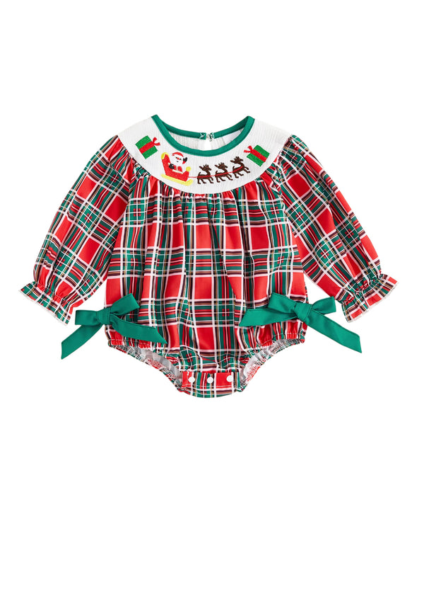 Santa Sleigh Red Plaid Christmas Romper