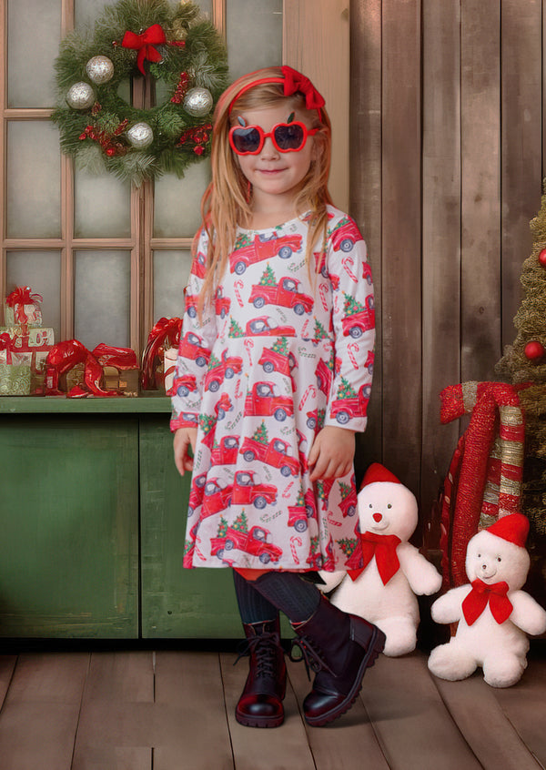 Christmas Tree Truck Twirl Dress || Red