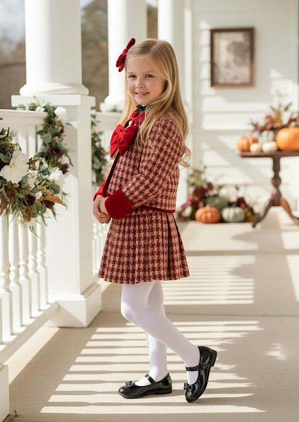 Girls Houndstooth Bow Skirt Set - Girls Fall Clothes & Outfits