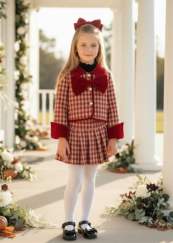 Girls Houndstooth Bow Skirt Set - Girls Fall Clothes & Outfits