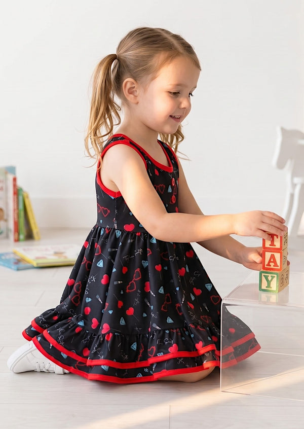 Red Black Candy Hearts Lollipop Twirl Dress