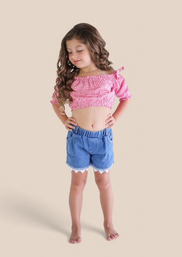 Denim Shorts with Red Check Top Set