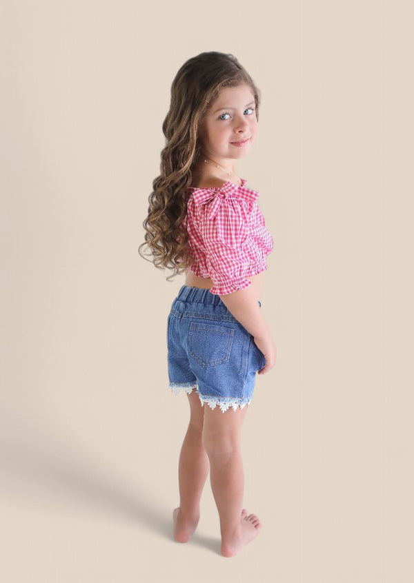 Denim Shorts with Red Check Top Set