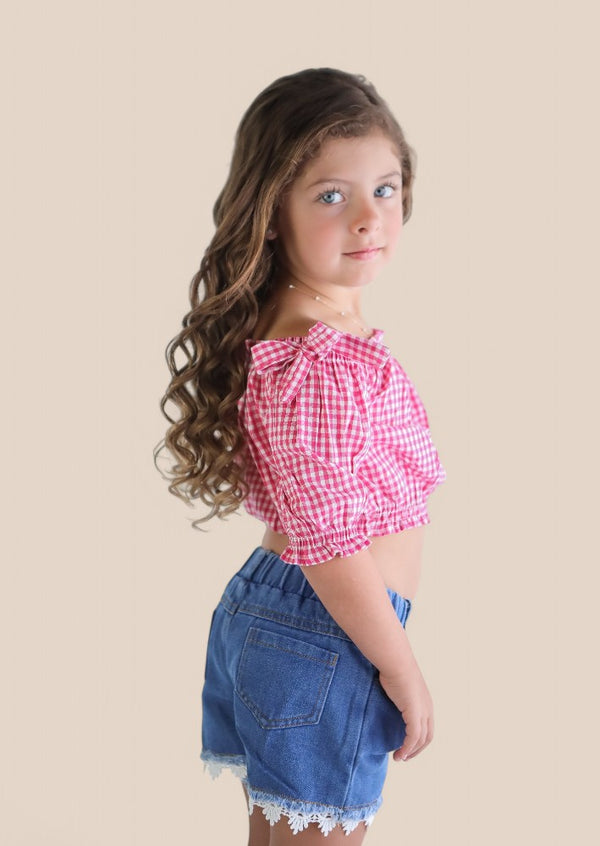 Denim Shorts with Red Check Top Set