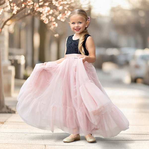 Rose Blush and Black Flower Girl Dresses