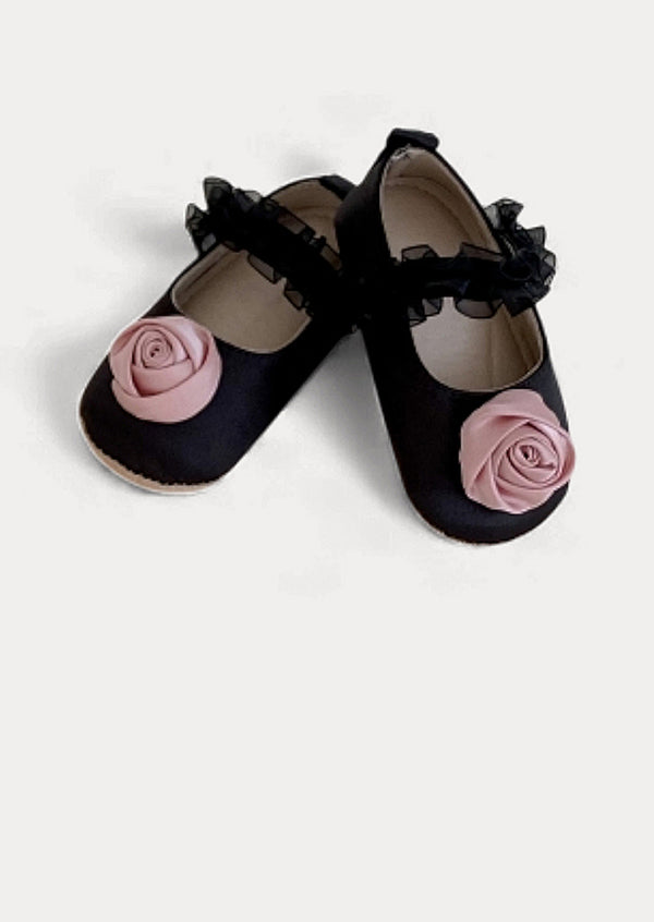 Satin Rose Flats Baby Shoes in Black