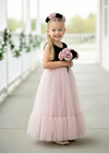 Allison Flower Girl Dress soft rose gold tulle skirt with black lace bodice and feathered lace V-back detail