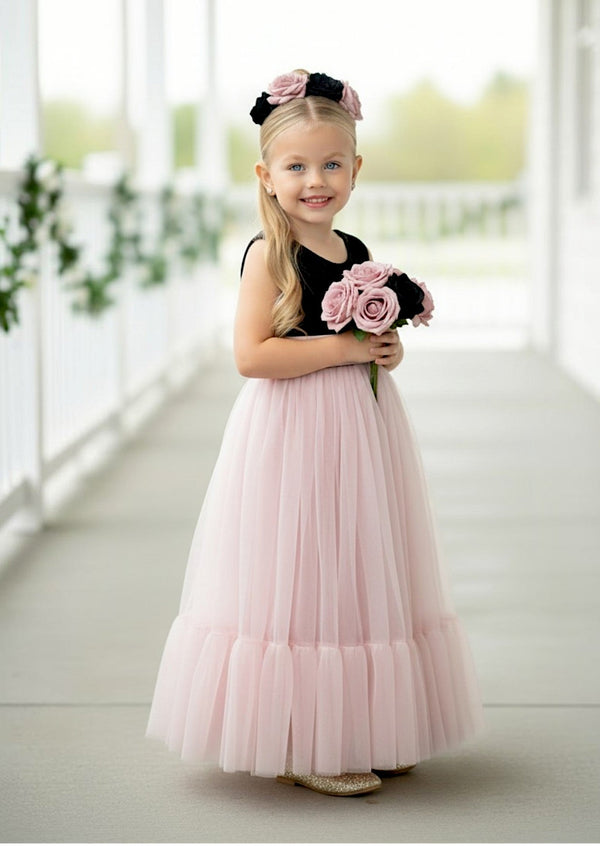 Allison flower girl dress in rose gold tulle skirt with black lace bodice and feathered lace V-back detail