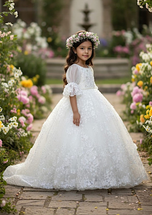 White Lace Flower Girl Ball Gown  Floral Applique Dress