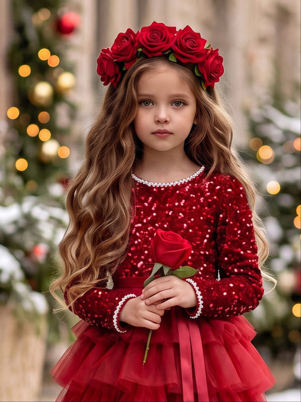 Red Sequin Layered Special Occasion Dress | Girls Christmas Dress