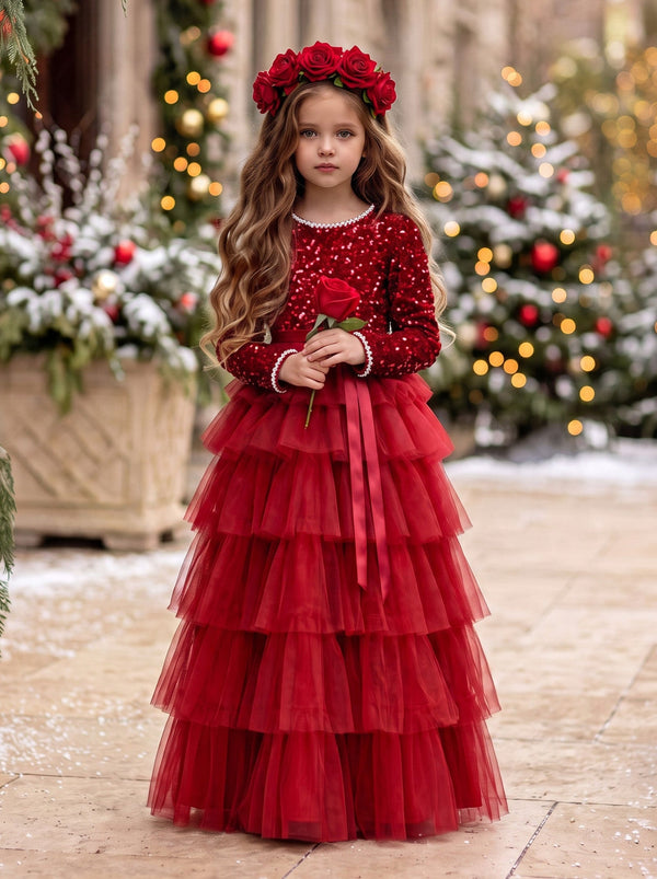 Red Sequin Layered Special Occasion Dress | Girls Christmas Dress