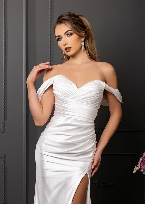Ivory Satin Sheath Wedding Dress | Off‑Shoulder Bridal Gown