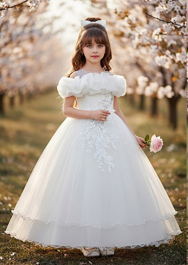 Elegant Off‑Shoulder Flower Girl Dress with Layered Tulle Skirt – White