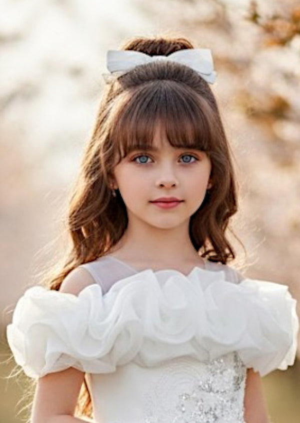 Elegant Off‑Shoulder Flower Girl Dress with Layered Tulle Skirt – White