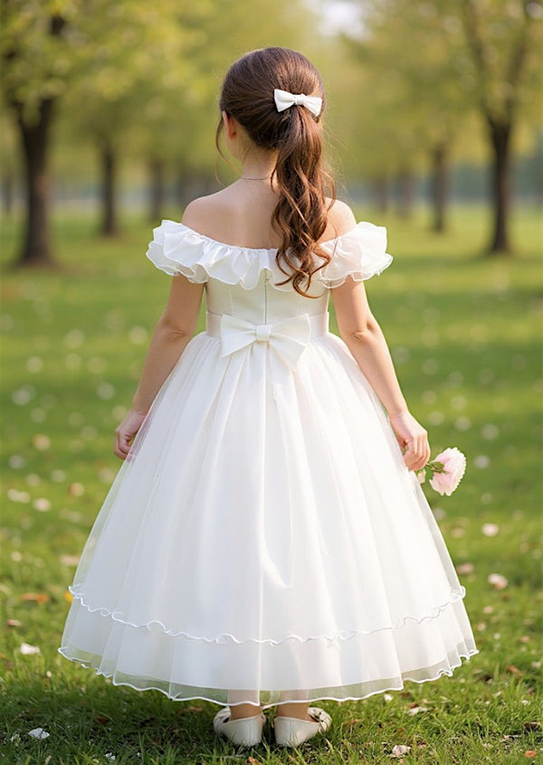 Elegant Off‑Shoulder Flower Girl Dress with Layered Tulle Skirt – White