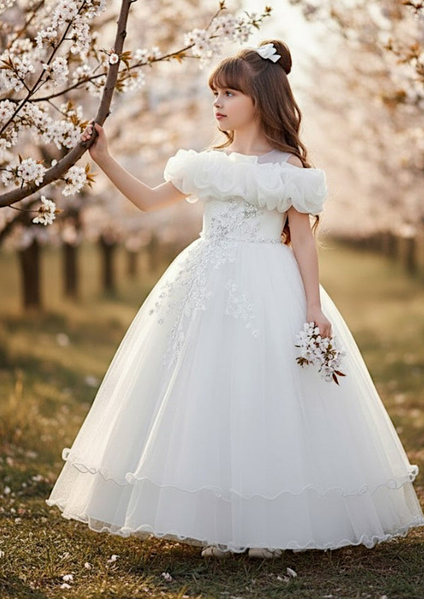 Elegant Off‑Shoulder Flower Girl Dress with Layered Tulle Skirt – White
