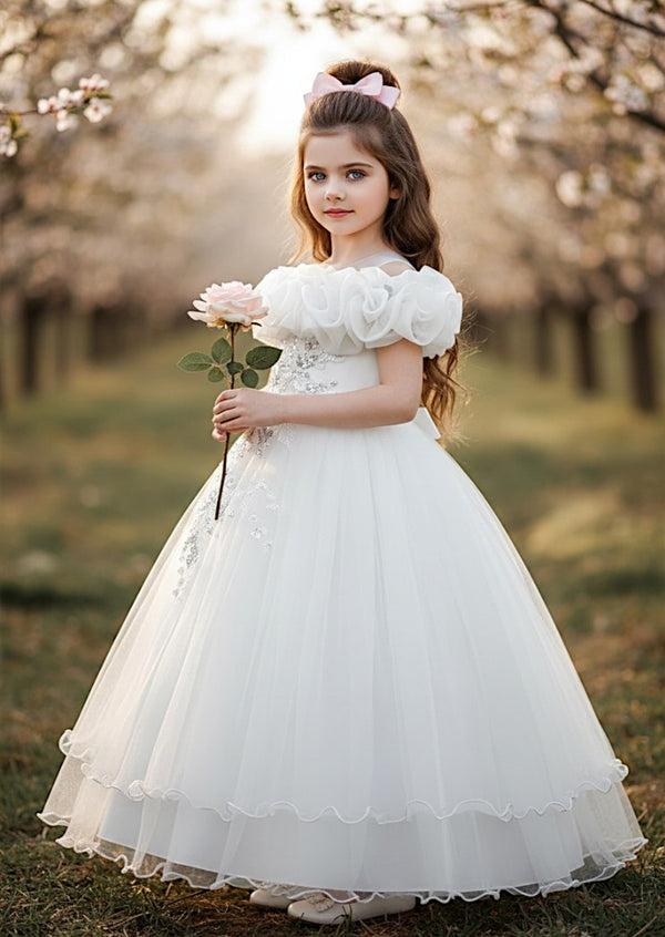 Elegant Off‑Shoulder Flower Girl Dress with Layered Tulle Skirt – White