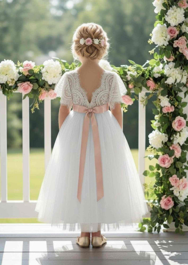 White tulle and lace flower girl dresses