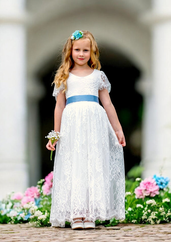 White Lace Flower Girl Dress with Flutter Sleeves