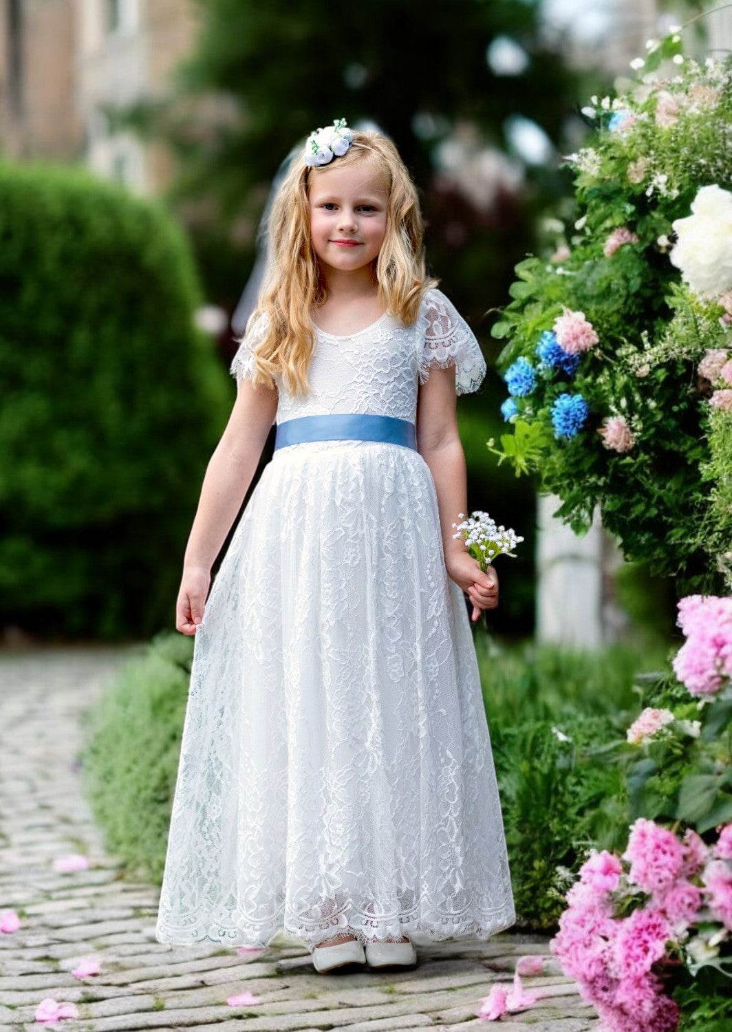 White Lace Flutter Sleeve Flower Girl Dress (Clearance)