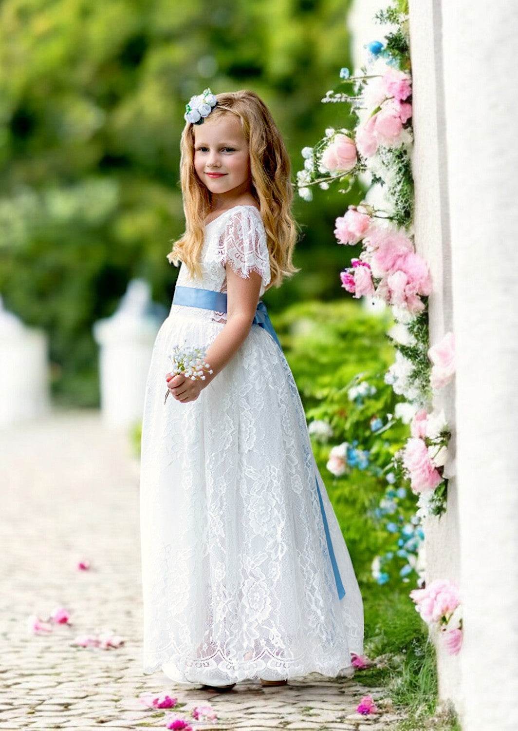 White Lace Flutter Sleeve Flower Girl Dress (Clearance)