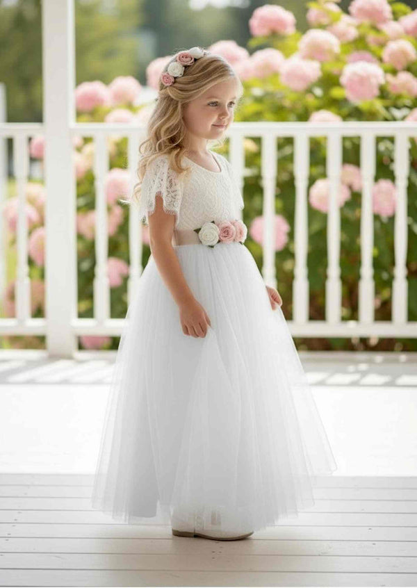 white ruffle sleeve flower girl dress