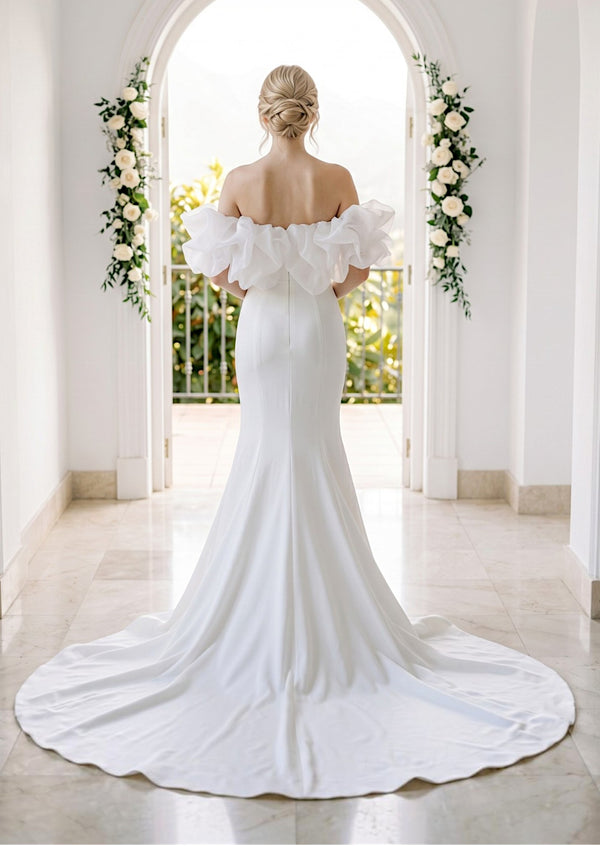 Ruffled Off‑Shoulder Mermaid Bridal Gown | Elegant Wedding Dress White