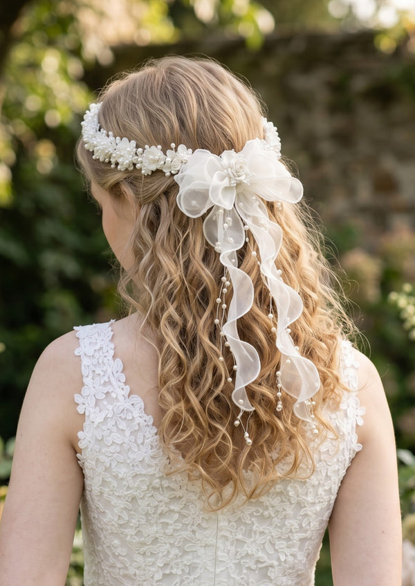 Ecru Ivory Ruffles Flower Girl Communion Hair Accessory