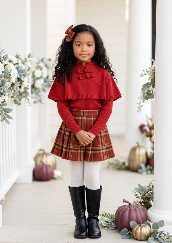 Autumn Red Storybook Shawl Collar Skirt Set | Girls Fall Clothes