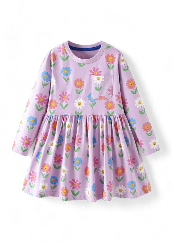 girls happy flowers dress in lavender