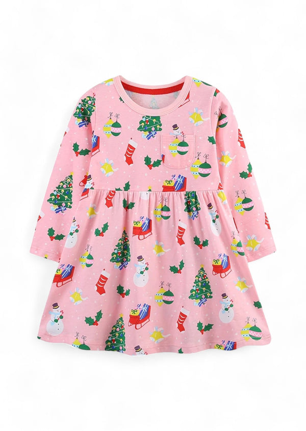 Christmas Snowman Long Sleeve Dress in Pink