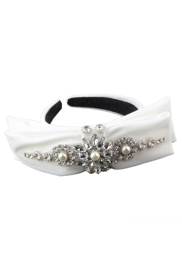 GIRLS - Princess Bow Bejeweled Headband in White - Hannah Rose Vintage Boutique