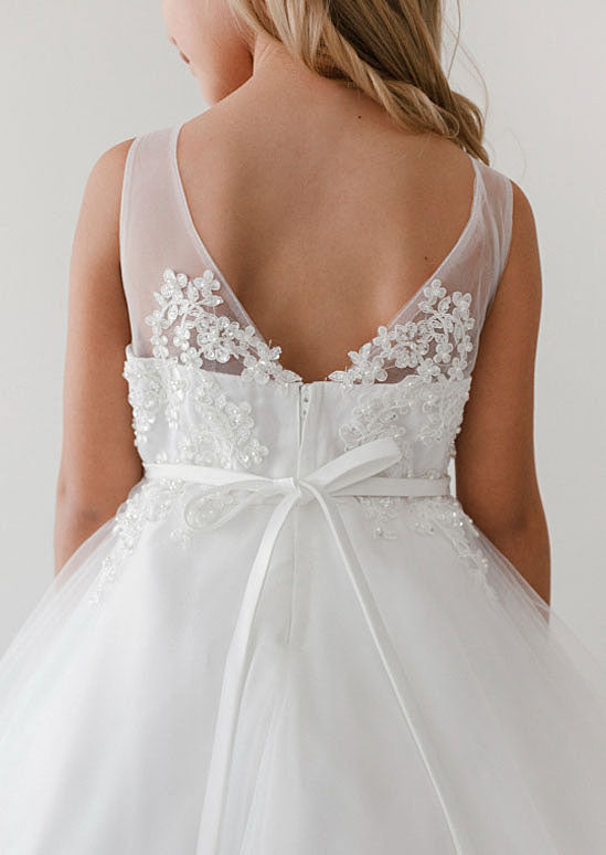 Girls Soft Mesh Illusion Neckline Dress with Lace Applique 