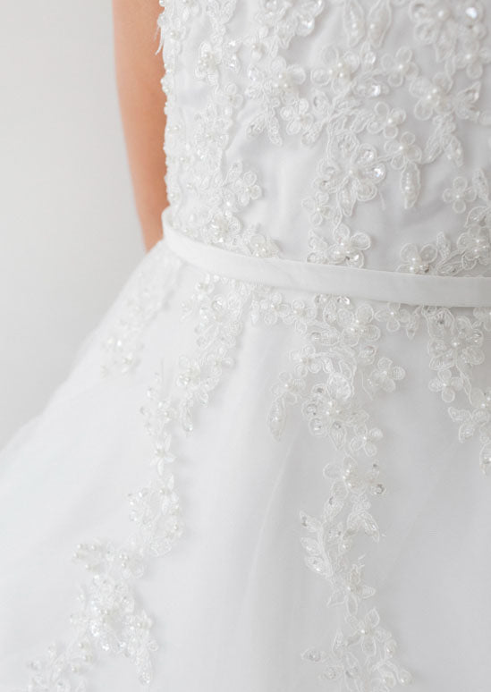 Girls Soft Mesh Illusion Neckline Dress with Lace Applique 