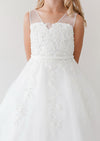 Girls Soft Mesh Illusion Neckline Dress with Lace Applique 