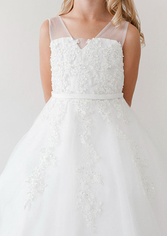 Girls Soft Mesh Illusion Neckline Dress with Lace Applique 