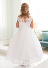  Illusion Neckline Bodice with Lace Applique and Rhinestones. The Tulle Skirt also has a Lace Applique Hem.